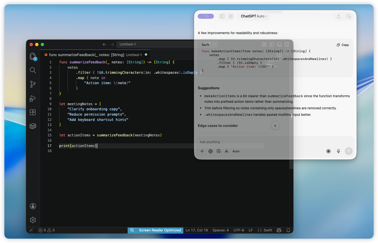 no-shadow ChatGPT pinned always on top above VS Code on macOS using Floaty