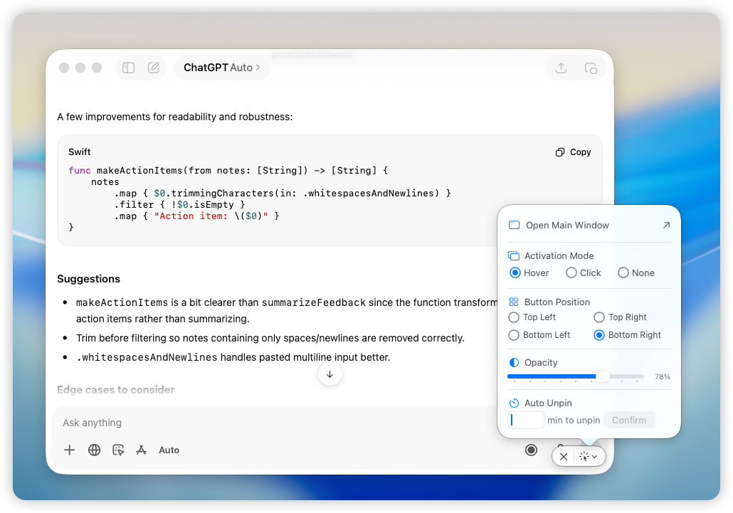no-shadow Floaty opacity and activation controls for an AI assistant window