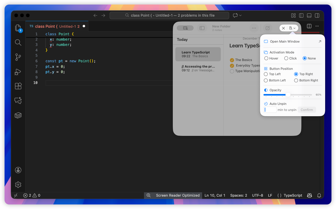 Floaty transparent Notes overlay floating above VS Code