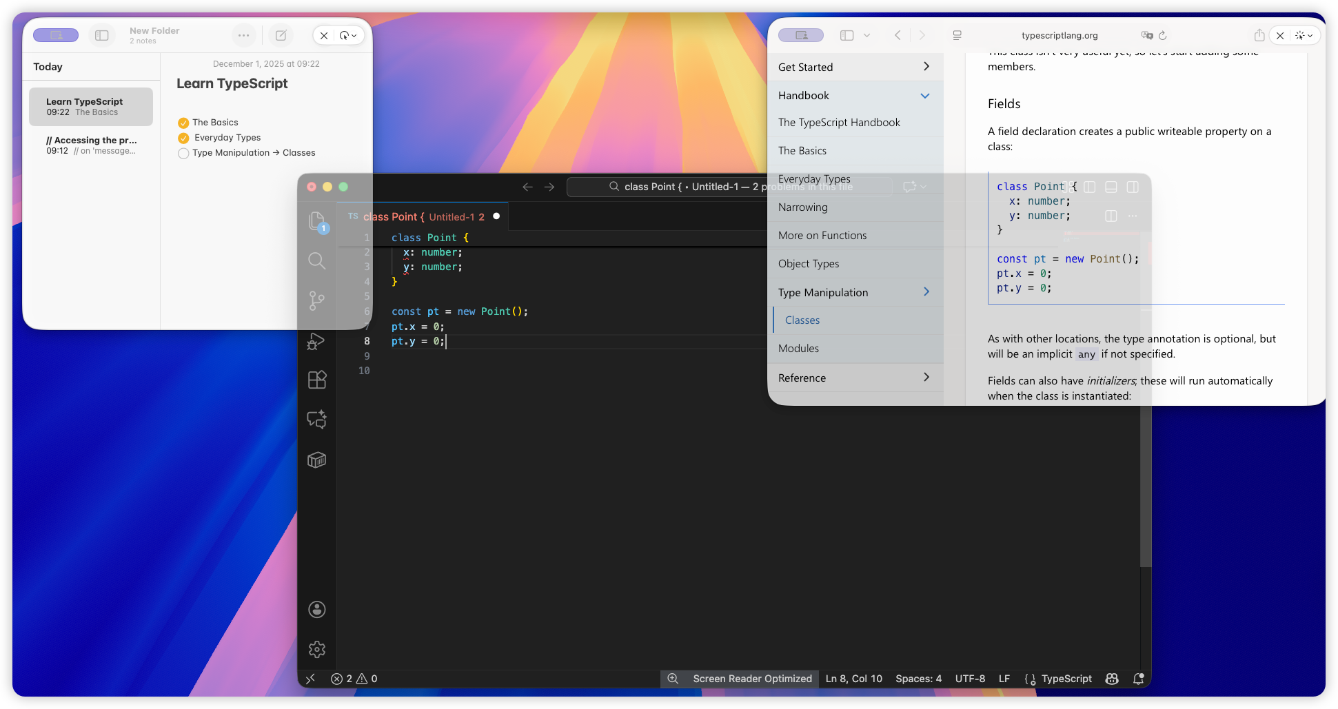 Floaty keeping Safari, Notes, and VS Code pinned in a multitasking layout