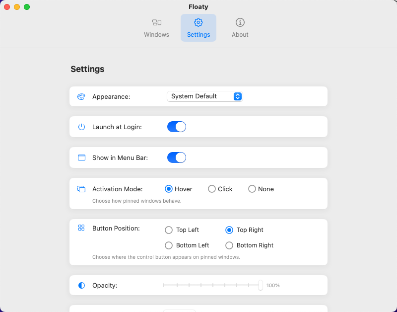 Floaty settings view highlighting launch, activation, button position, and shortcut toggles