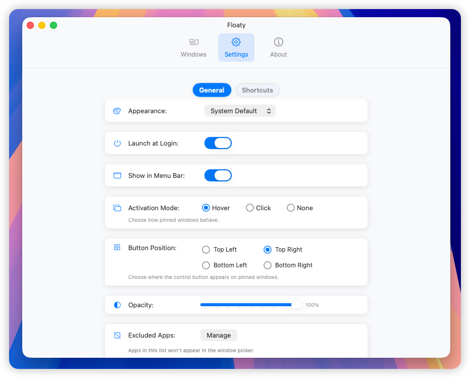 Floaty settings showing opacity, activation mode, and pinned window behavior