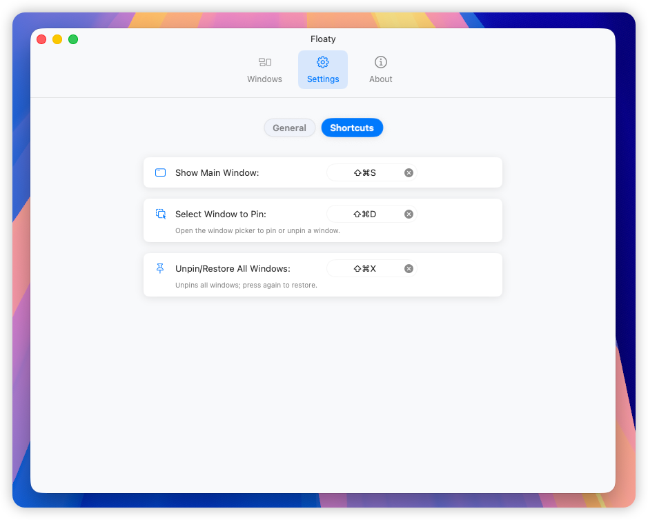 Floaty shortcut preferences showing opacity preset shortcut