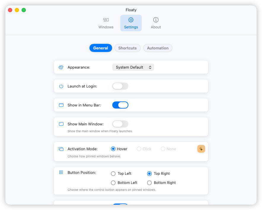 Floaty general settings panel