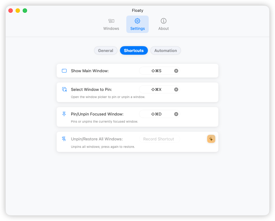 Floaty keyboard shortcuts configuration